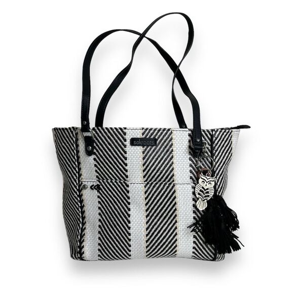 Sakroots Metro Woven Top Zip Tote Shoulder Bag Black White Owl Critter Keychain - Picture 2 of 14
